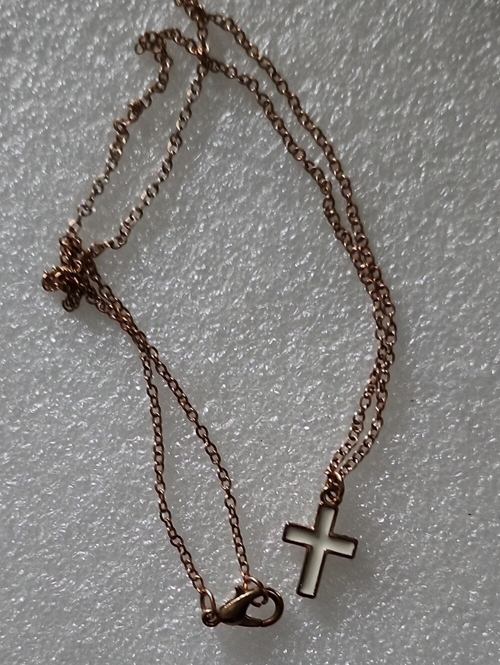Hand Crafted Rose Gold Cross Necklace with White Inlay